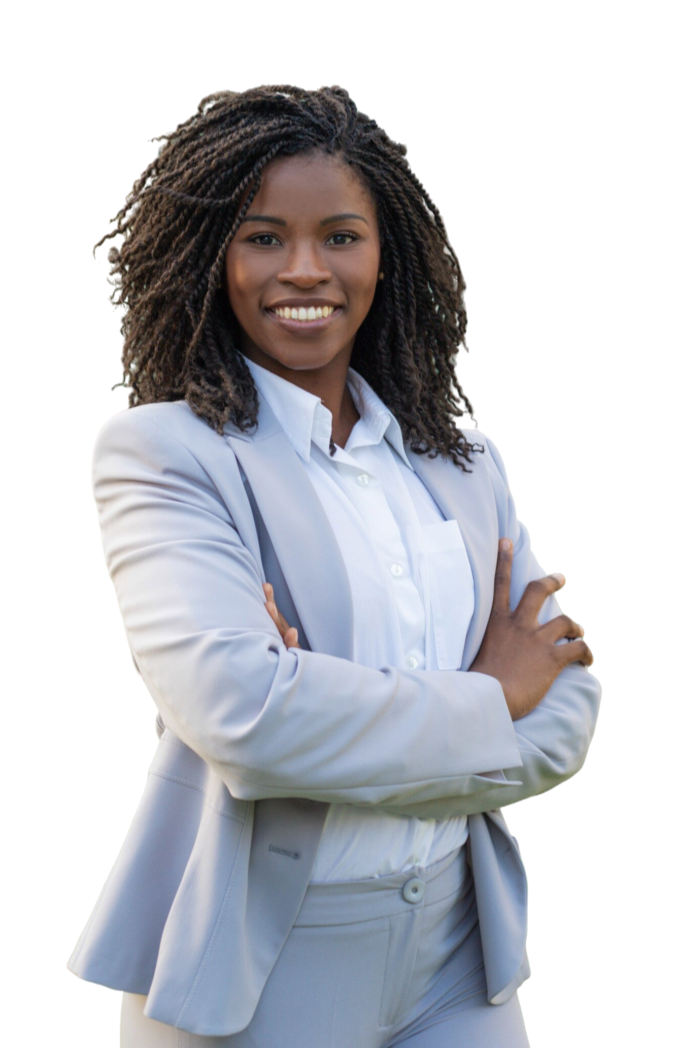 cheerful smiling female professional posing near office